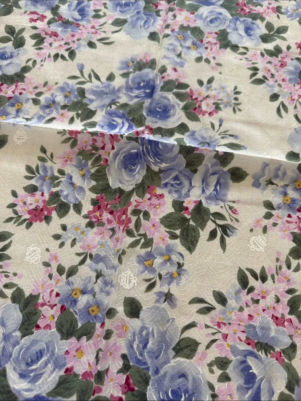 Vintage Dior Polka Dot Border Floral Scarf in Blue, Pink, Green and Cream